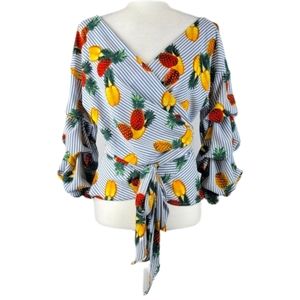 Love J Blue White Striped Wrap Top with pineapple print long sleeve Large